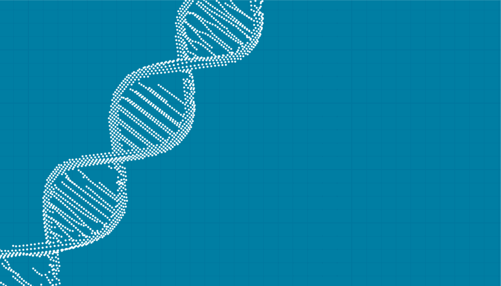 A stylized white DNA double helix made of dots appears along the left edge of a blue background with a subtle grid pattern, leaving ample blank space on the right.