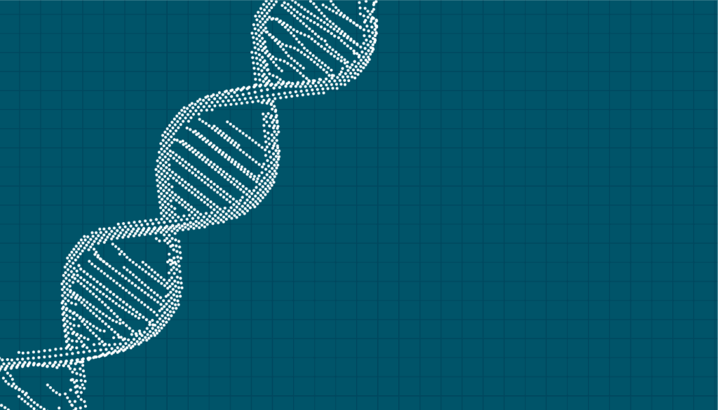 A white dotted representation of a DNA double helix is shown along the left side of a teal, grid-patterned background, leaving ample empty space on the right.
