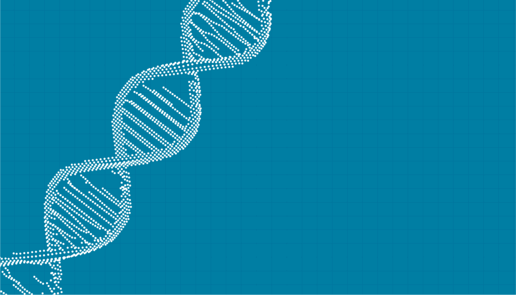 White dotted DNA double helix on the left side of a blue background with a subtle grid pattern. The right side of the image is mostly empty, leaving space for text or graphics.