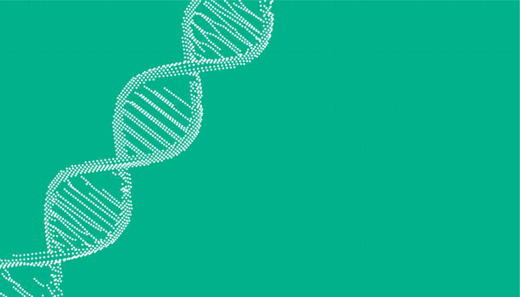 A white dotted DNA double helix design runs vertically along the left edge of a teal background, with blank space on the right.
