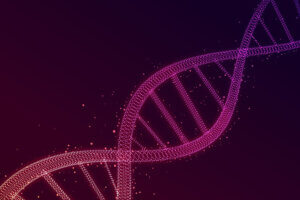 A digital illustration of a DNA double helix strand made up of small glowing dots, set against a dark gradient background with pink and purple hues—perfect for promoting free STEM curriculum and preparing youth for STEM careers.