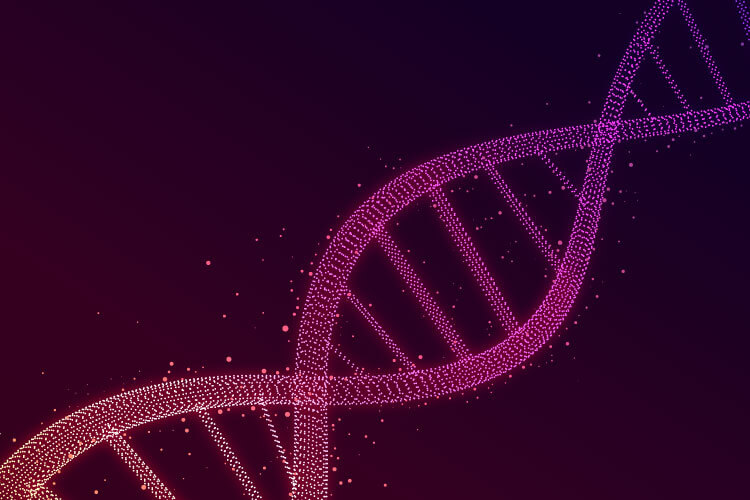 A glowing digital illustration of a DNA double helix made of small pink and purple dots on a dark gradient background, perfect for inspiring STEM activities for youth and sparking interest in preparing youth for STEM careers.