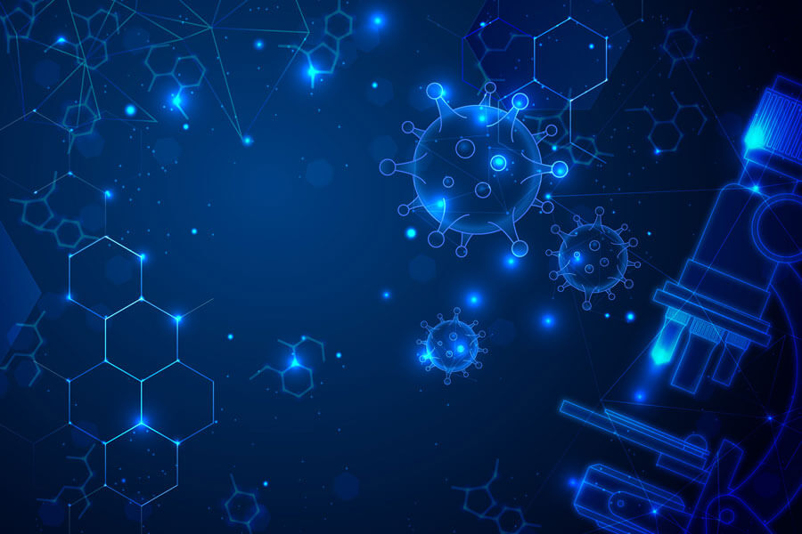 Glowing blue scientific illustration showing virus particles, molecular structures, hexagons, and a microscope on a dark blue background, symbolizing research, microbiology, and preparing youth for STEM careers.