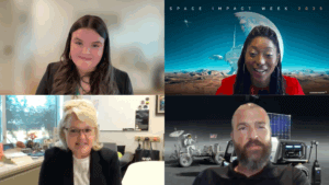 A video call with four people: two women on top, one in front of a space-themed background; two below, a woman in an office and a man in front of a lunar rover backdrop. A “Space Impact Week 2025” banner appears at the top.