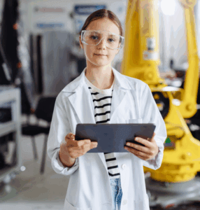 A young girl in a lab coat and safety glasses holds a tablet, standing in a modern laboratory with industrial equipment, including a large yellow robotic arm, visible in the background.