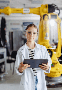 A young person wearing safety goggles and a white lab coat holds a tablet in a laboratory, standing in front of a large yellow industrial robotic arm.