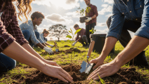 A group of people planting young trees in a sunny field, using garden tools and wearing casual clothes. Hands are seen placing a sapling into the soil, with others working nearby amidst green grass.