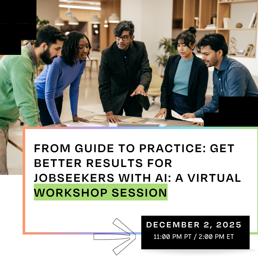 Five professionals stand around a table, collaborating on documents, with text promoting a virtual AI workshop for jobseekers scheduled for December 2, 2025, at 11:00 PM PT / 2:00 PM ET.