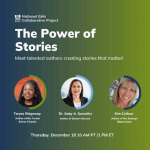Promotional graphic titled “The Power of Stories” featuring authors Terysa Ridgeway, Dr. Gaby A. González, and Kim Collazo, with event info for December 18 at 10 AM PT / 1 PM ET.