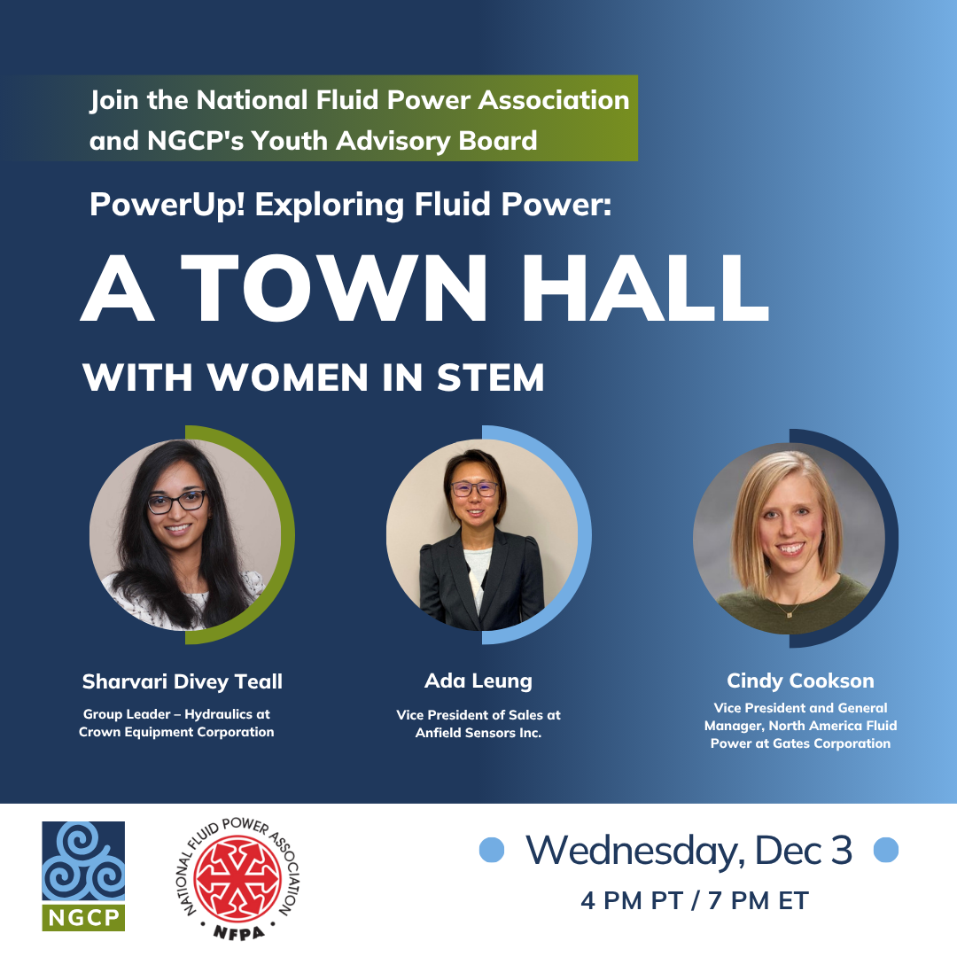 A promotional graphic for a virtual town hall, featuring photos of Sharvari Divey Teall, Ada Leung, and Cindy Cookson, focused on women in STEM, presented by NGCP and NFPA, scheduled for Wednesday, Dec 3 at 4 PM PT / 7 PM ET.