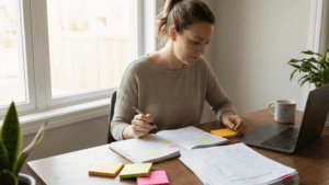 A woman sits at a wooden desk by a window, writing in a planner with sticky notes and papers spread out. A laptop, a mug, and potted plants are also on the desk, suggesting she is organizing or working from home.