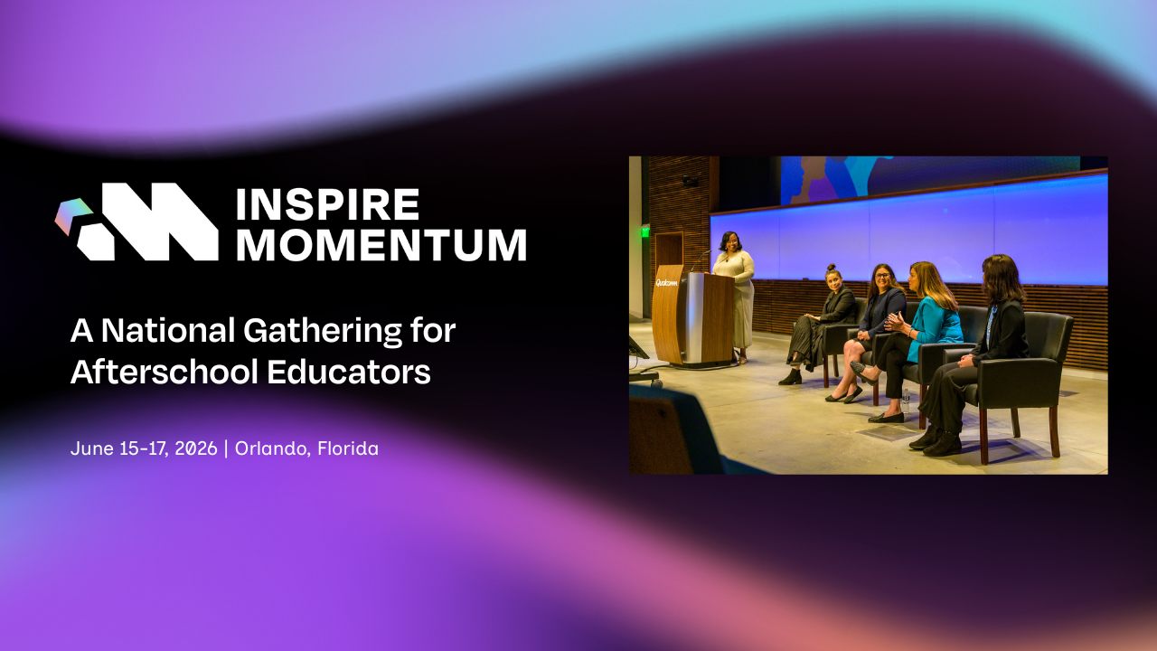 A promotional image for Inspire Momentum: A National Gathering for Afterschool Educators, featuring event details and a photo of five women speaking on a stage in a modern conference setting.