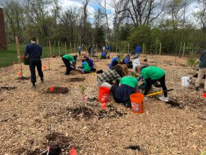 A group of people, including children and adults, work together to plant small trees in an outdoor area covered with wood chips. Some use shovels and buckets, and red flags mark planting spots. Trees and bare branches are in the background.