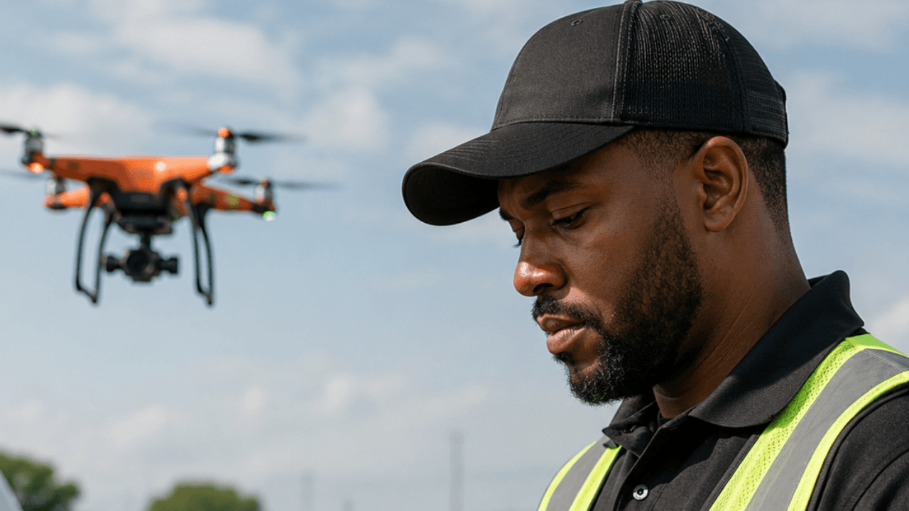 A man in a black cap and safety vest looks down thoughtfully while an orange drone hovers in the background against a partly cloudy sky.