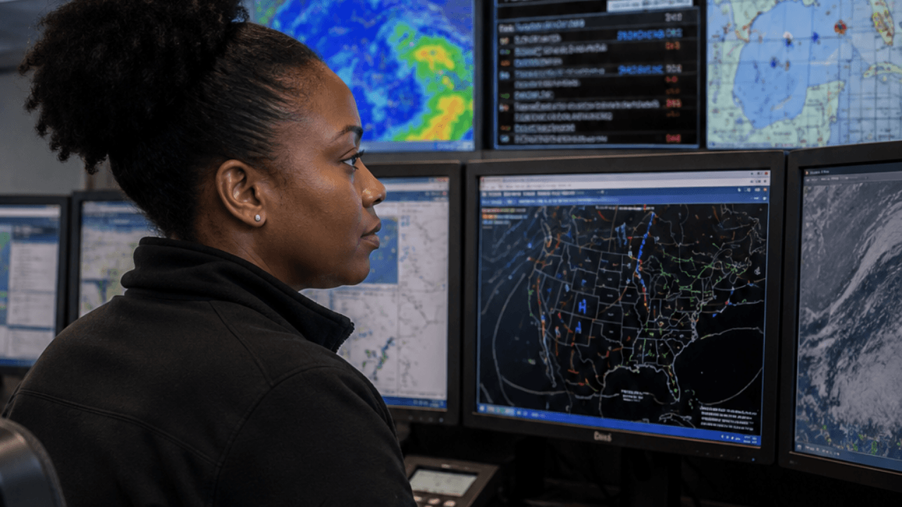 A woman studies weather maps and data on multiple computer monitors in a control room, with satellite images and weather alerts displayed on the screens.