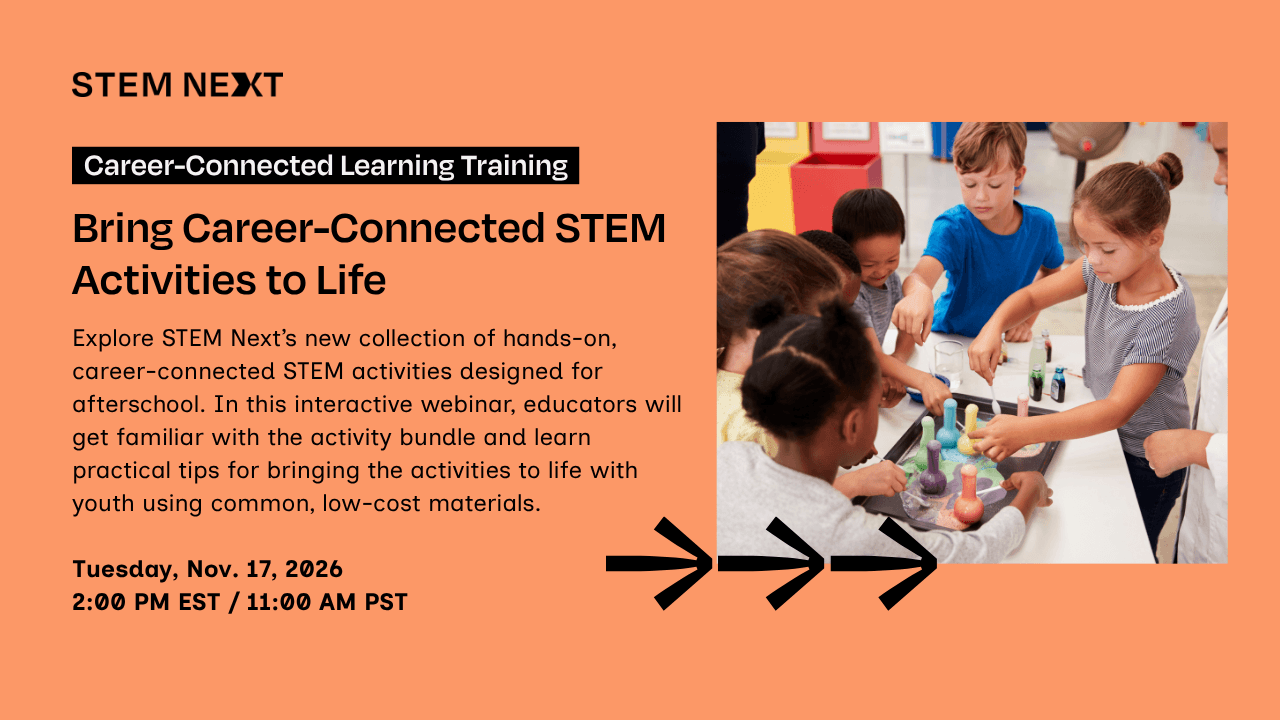 A diverse group of children gather around a table, engaging in a hands-on science activity with colorful materials, guided by an adult, in a bright classroom setting. Text promotes a STEM learning webinar for educators.