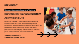 A group of children gathered around a table, engaging in a hands-on STEM activity with an adult guiding. Event details for a STEM training session are displayed on the left side.