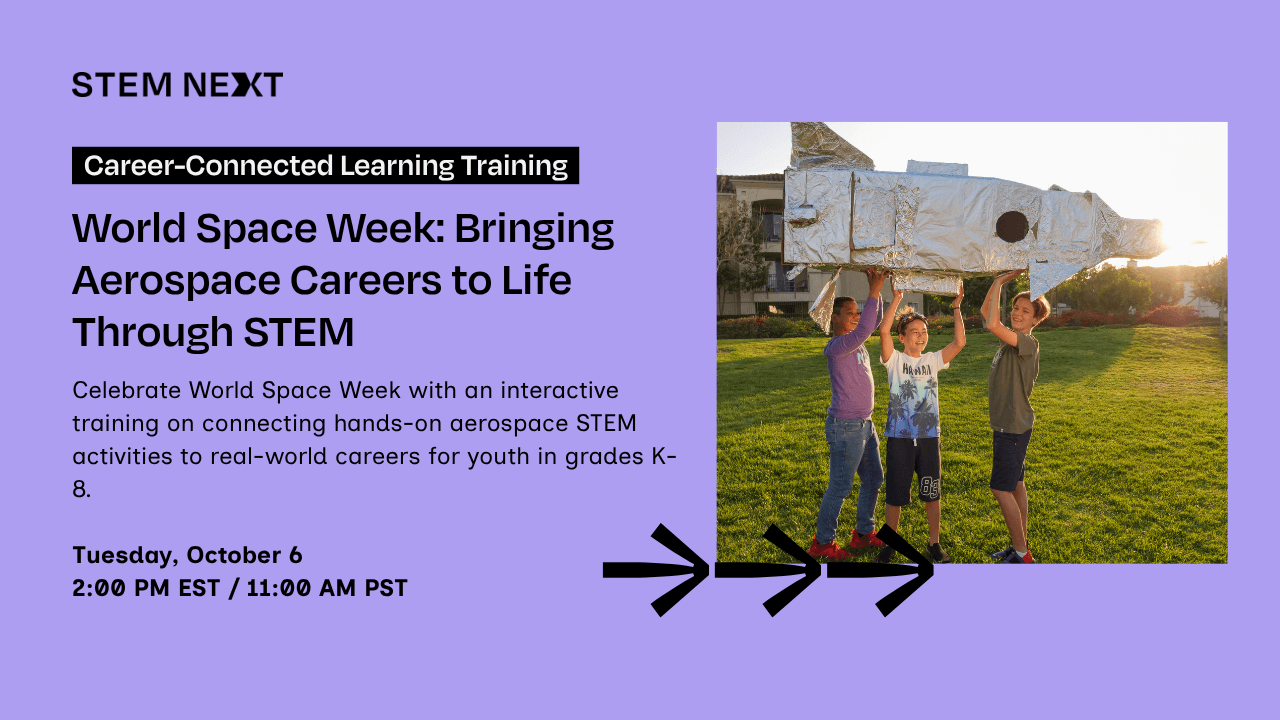 Four kids hold up a homemade cardboard rocket outdoors. Event text promotes an interactive World Space Week program about aerospace STEM careers for youth, scheduled for October 6 at 2 PM EST.
